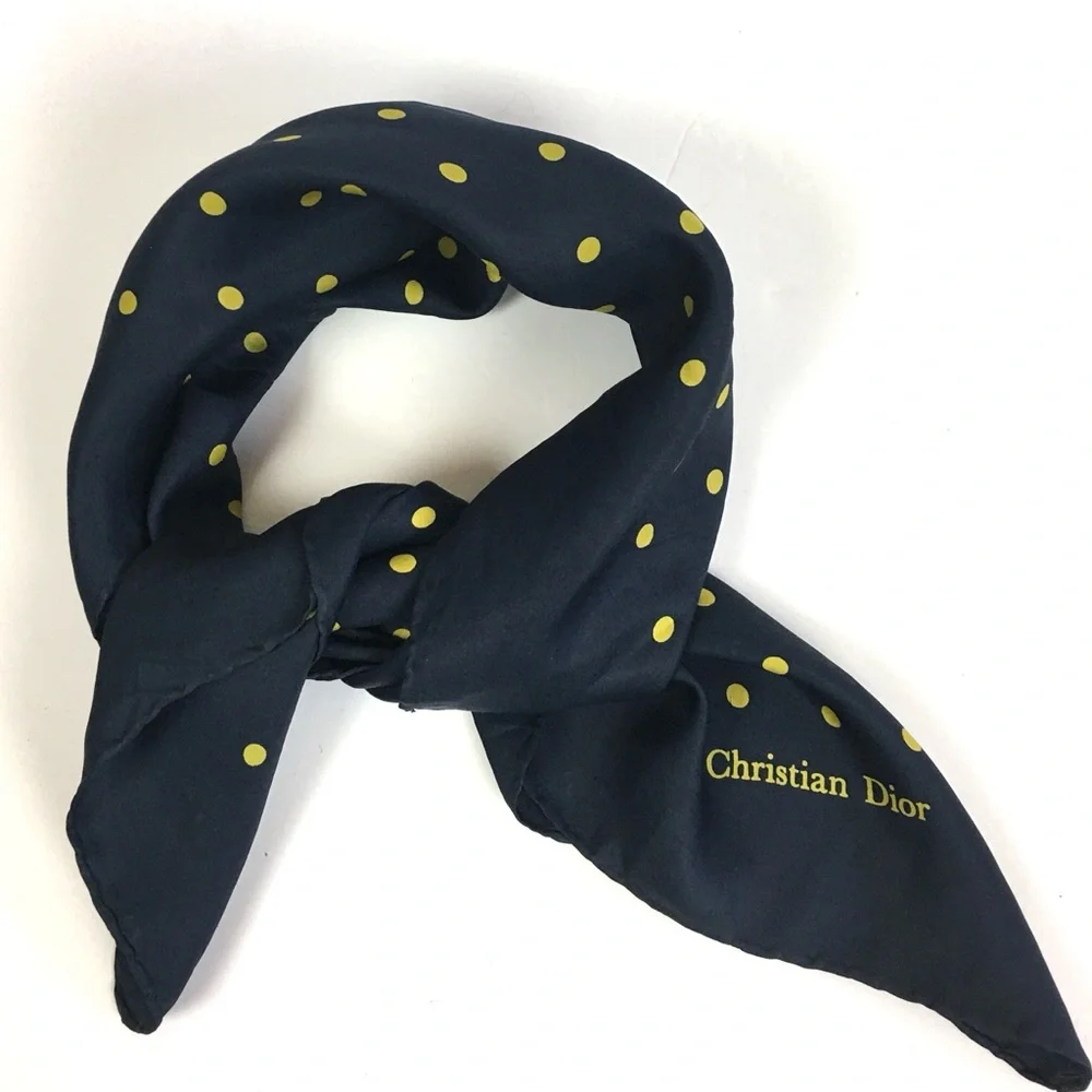 Authentic Christian Dior Silk Scarf - Navy Blue /Yellow Polka Dots Timeless